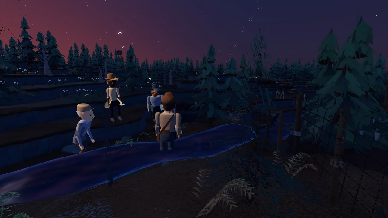 Dusk among dark pines: three of the crew stand with him by a stream.